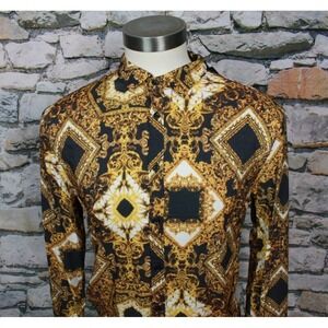 NOVA Men New Mens Shirt Gold & Black Art Work Print Designer Knock Off Med L/S